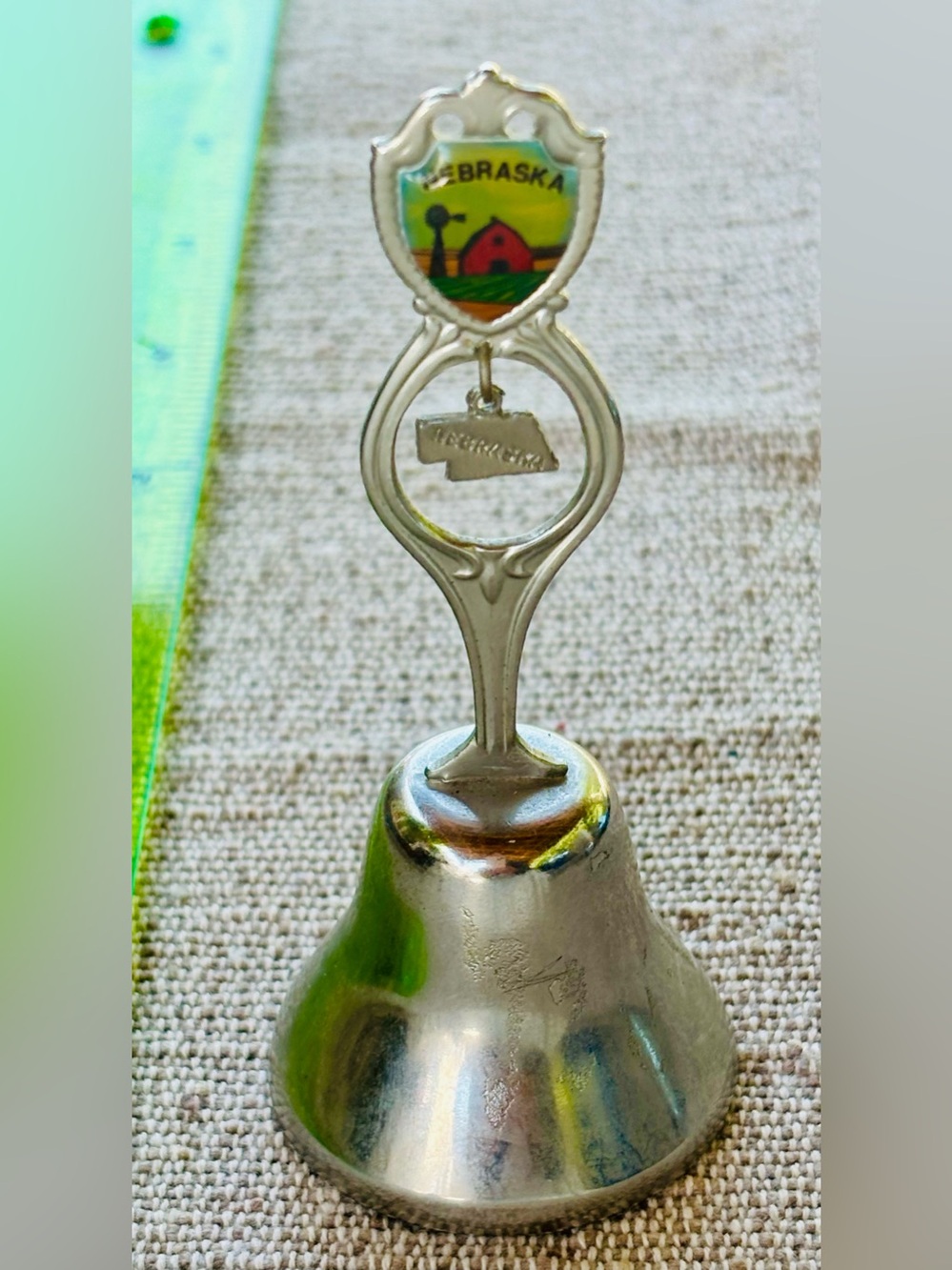 Vintage Silver Tone Nebraska Collectible Bell with Nebraska Charm - Great Gift!